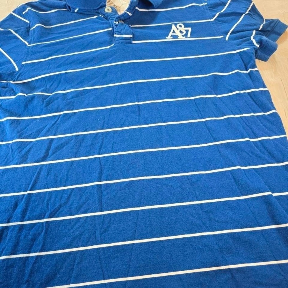 Aeropostale Mens Blue White Striped A87 Logo Cotton Polo Shirt Size Large